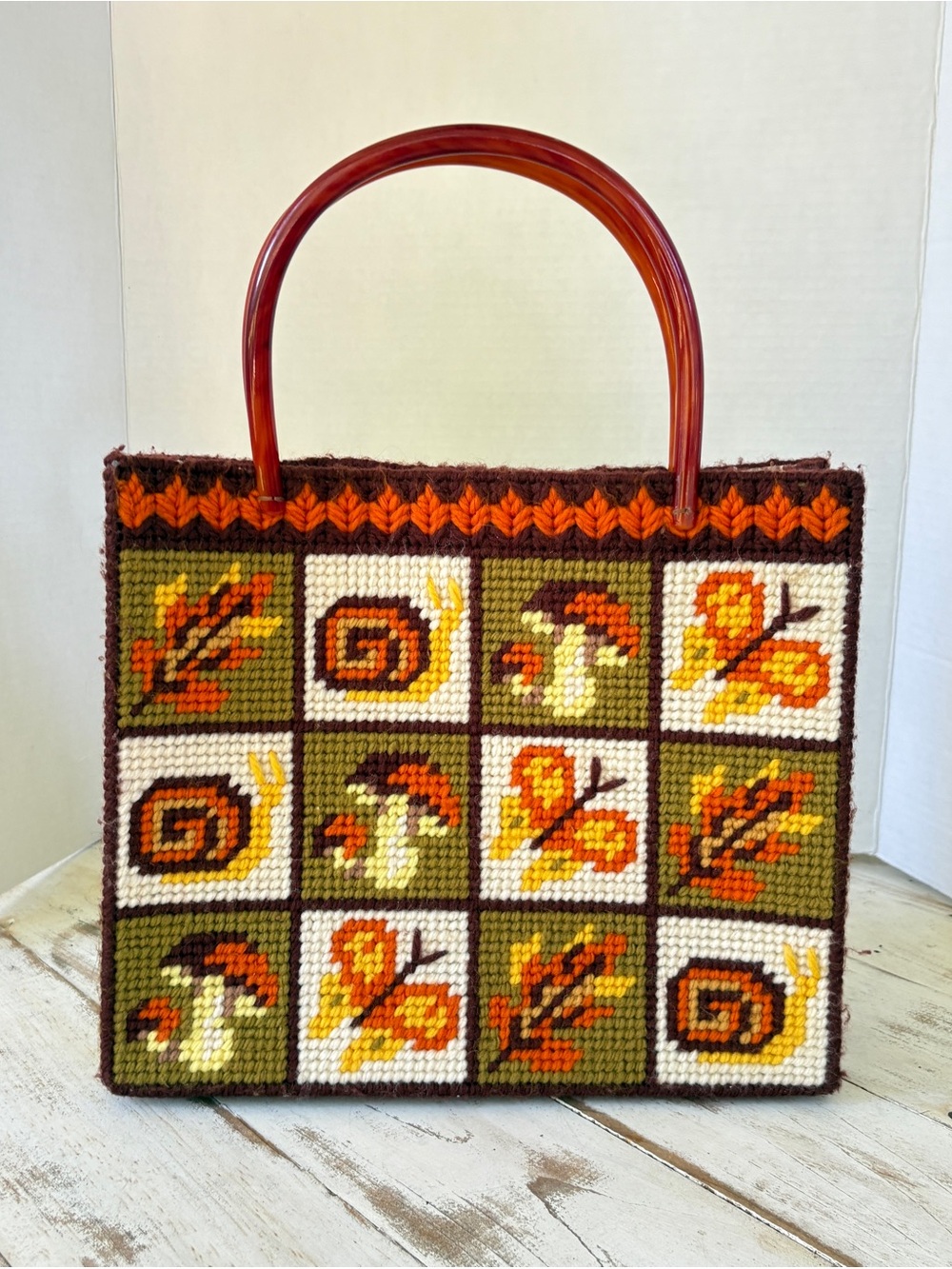 Vintage 70s Columbia Minerva Forest Naturals Needlepoint Patchwork Tote Bag EUC - Picture 4 of 14